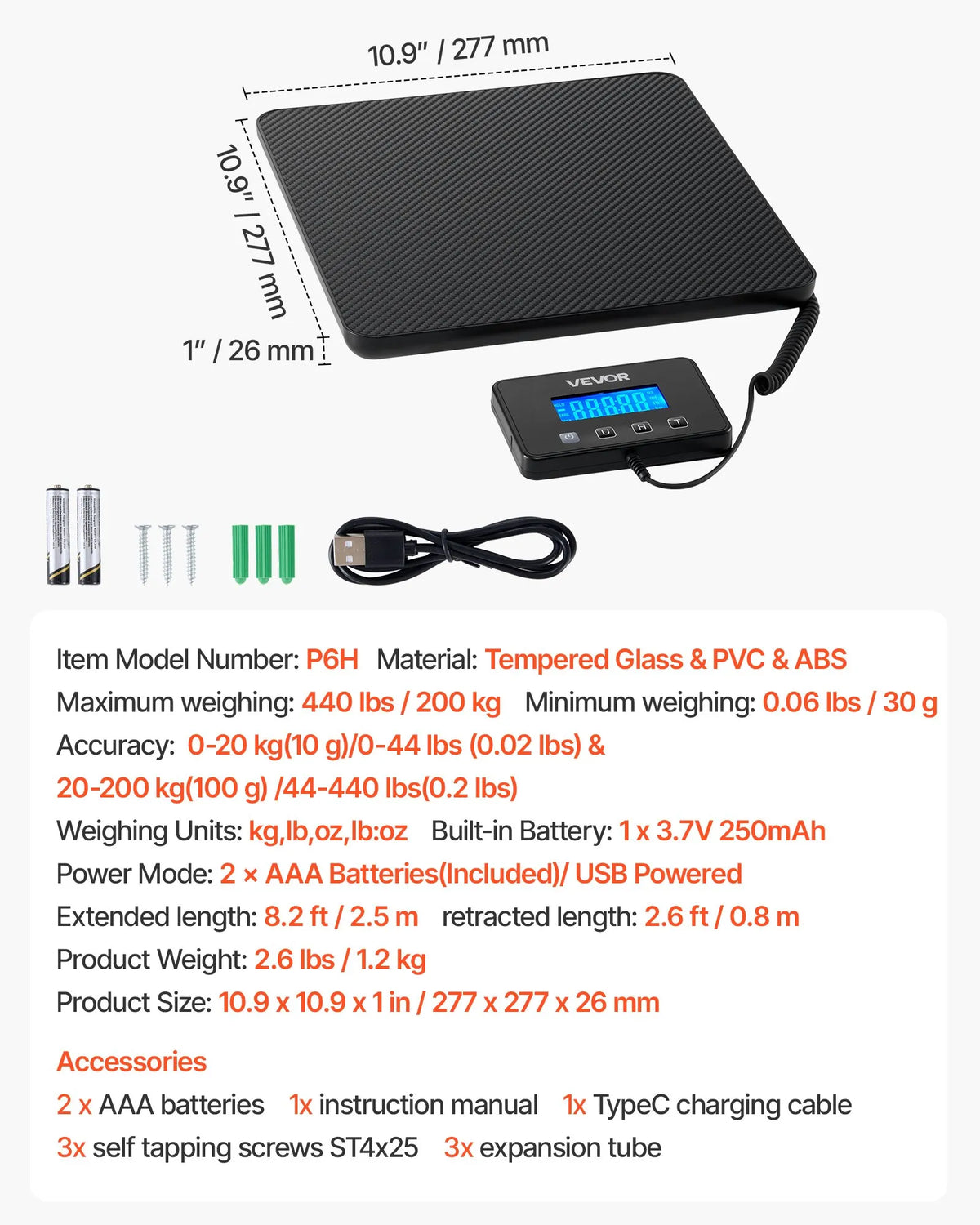 VEVOR digitālie pasta svari ar 10 g / 100 g dubulto precizitāti, 200 kg komerciālie svari ar turēšanas (Hold) / taras (Tare) funkciju un LCD displeju, paredzēti sūtījumiem, pasta nosūtījumiem un bagāžai, komplektā baterija un uzlādes kabelis