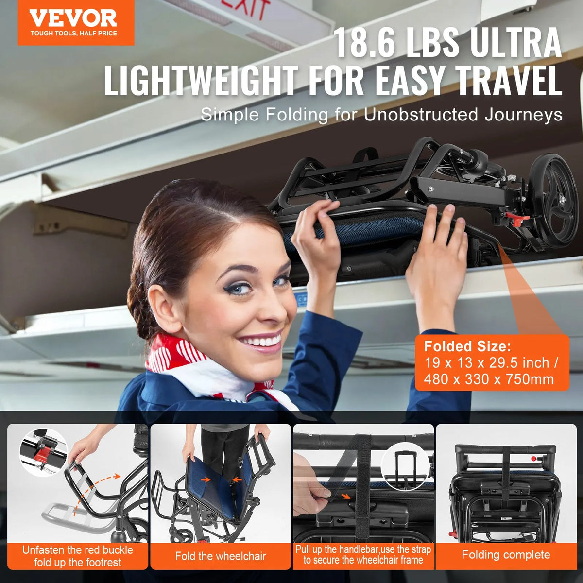 VEVOR transporta ratiņkrēsls no alumīnija sakausējuma, salokāms, sēdekļa platums 40 cm, slodze līdz 99,8 kg