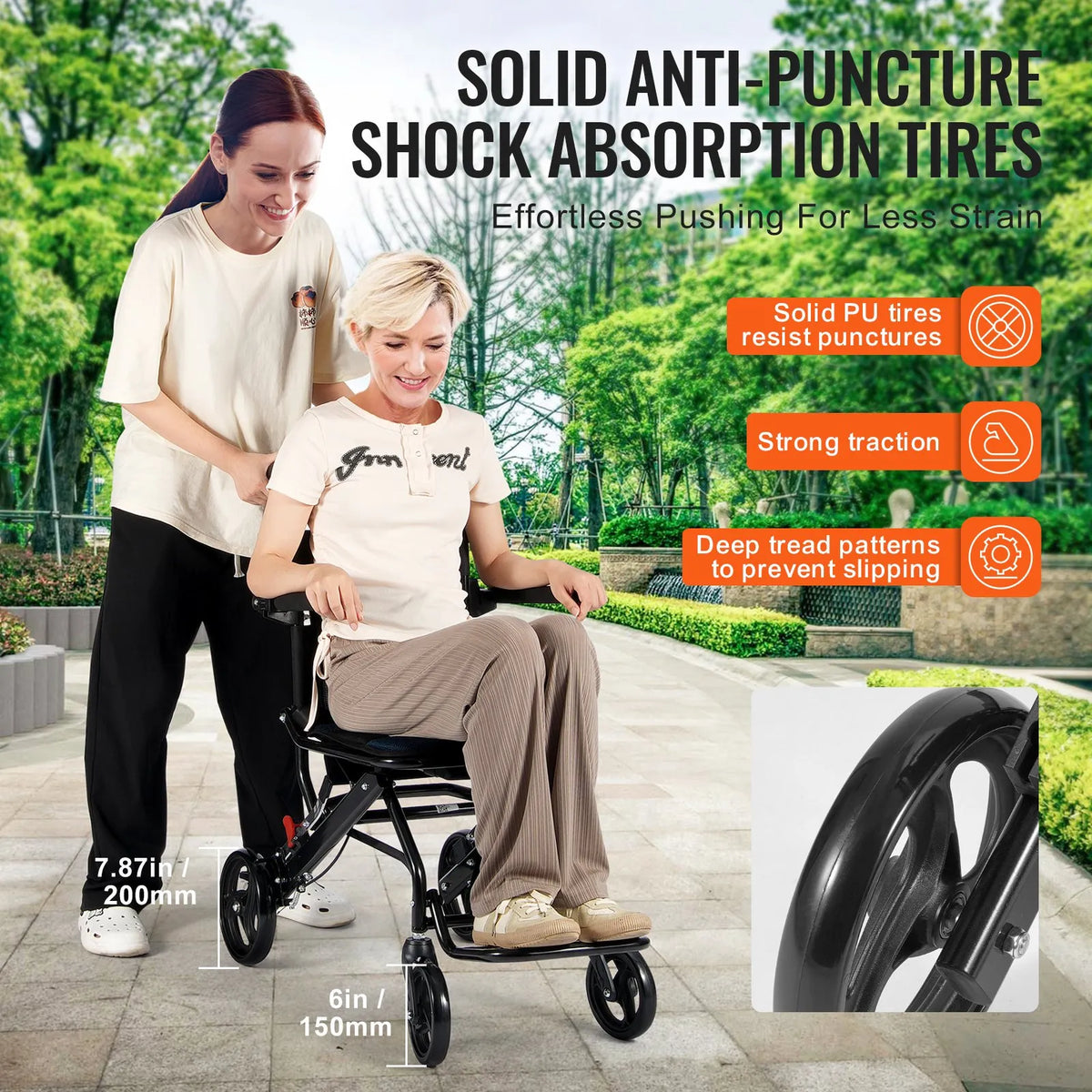 VEVOR transporta ratiņkrēsls no alumīnija sakausējuma, salokāms, sēdekļa platums 40 cm, slodze līdz 99,8 kg
