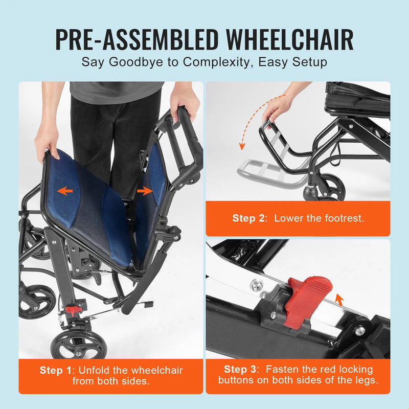 VEVOR transporta ratiņkrēsls no alumīnija sakausējuma, salokāms, sēdekļa platums 40 cm, slodze līdz 99,8 kg