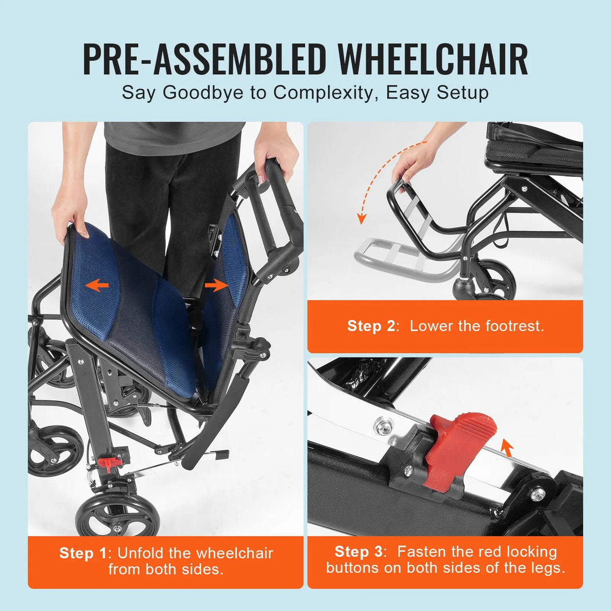 VEVOR transporta ratiņkrēsls no alumīnija sakausējuma, salokāms, sēdekļa platums 40 cm, slodze līdz 99,8 kg