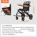 VEVOR transporta ratiņkrēsls no alumīnija sakausējuma, salokāms, sēdekļa platums 45,7 cm, slodze līdz 99,8 kg