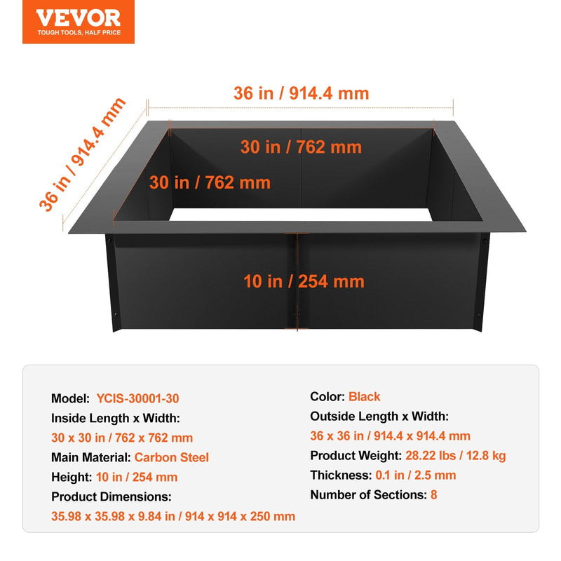 VEVOR kvadrātveida ugunskura gredzens – 91 × 91 cm ārējais tērauda DIY ugunskura ieliktnis