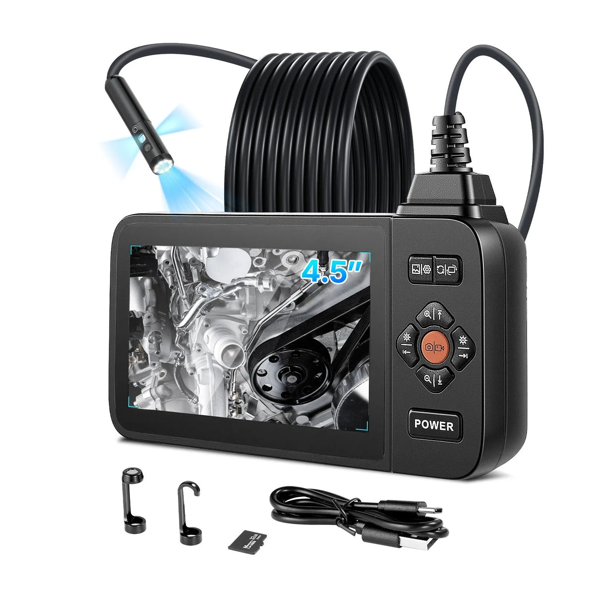 VEVOR trīskāršās kameras endoskops ar apgaismojumu, 11,4 cm HD IPS ekrāns, industriālais boreskops ar 8 + 2 LED gaismām, 8× tālummaiņu, IP67 ūdensizturību un 5 m stingru kabeli auto diagnostikai un cauruļvadu pārbaudei
