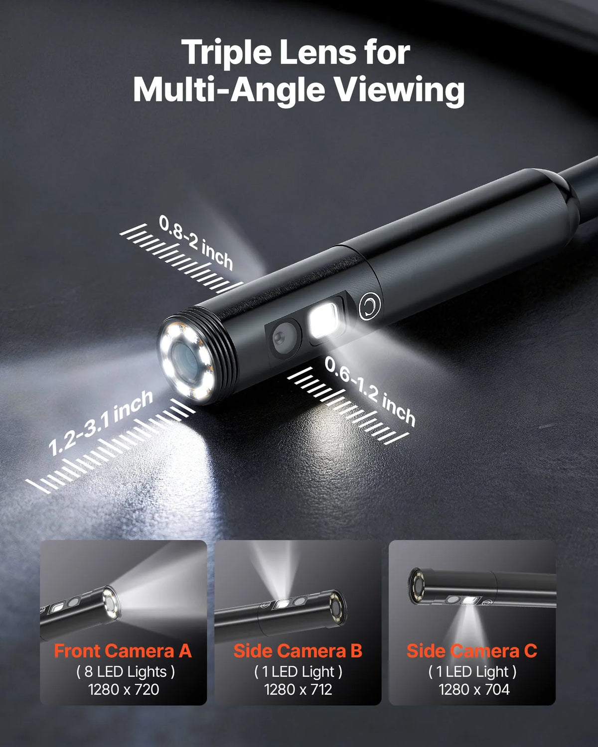 VEVOR trīskāršās kameras endoskops ar apgaismojumu, 11,4 cm HD IPS ekrāns, industriālais boreskops ar 8 + 2 LED gaismām, 8× tālummaiņu, IP67 ūdensizturību un 5 m stingru kabeli auto diagnostikai un cauruļvadu pārbaudei