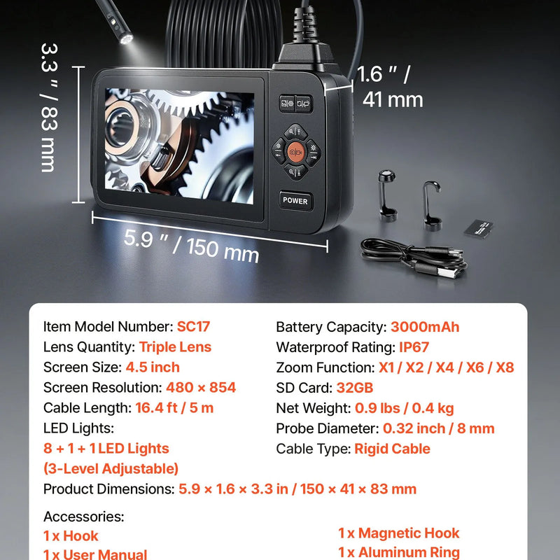 VEVOR trīskāršās kameras endoskops ar apgaismojumu, 11,4 cm HD IPS ekrāns, industriālais boreskops ar 8 + 2 LED gaismām, 8× tālummaiņu, IP67 ūdensizturību un 5 m stingru kabeli auto diagnostikai un cauruļvadu pārbaudei