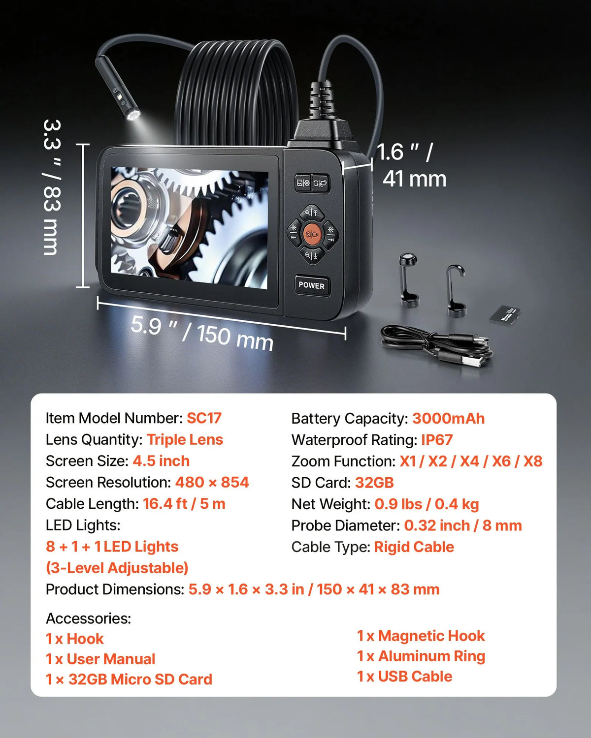 VEVOR trīskāršās kameras endoskops ar apgaismojumu, 11,4 cm HD IPS ekrāns, industriālais boreskops ar 8 + 2 LED gaismām, 8× tālummaiņu, IP67 ūdensizturību un 5 m stingru kabeli auto diagnostikai un cauruļvadu pārbaudei