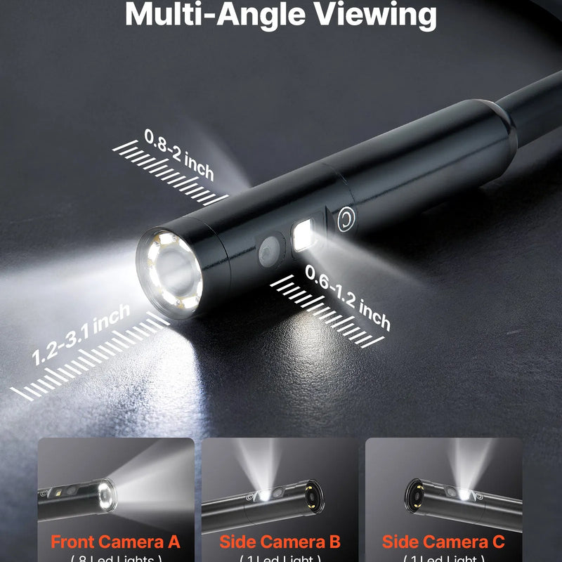 VEVOR trīskāršās kameras endoskops ar apgaismojumu, 12,7 cm HD IPS ekrāns, 1280 × 720 HD kamera, 8 + 2 LED gaismas, 8× tālummaiņa, IP67 ūdensizturība un 5 m stingrais kabelis auto un cauruļvadu pārbaudei