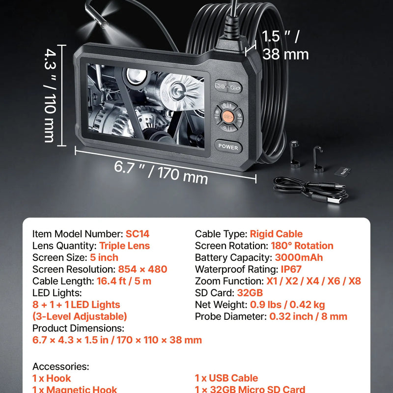 VEVOR trīskāršās kameras endoskops ar apgaismojumu, 12,7 cm HD IPS ekrāns, 1280 × 720 HD kamera, 8 + 2 LED gaismas, 8× tālummaiņa, IP67 ūdensizturība un 5 m stingrais kabelis auto un cauruļvadu pārbaudei