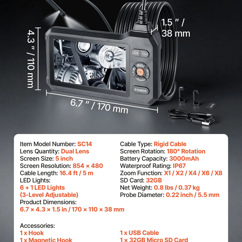 VEVOR divu kameru endoskops ar apgaismojumu, 12,7 cm HD IPS ekrāns, industriālais boreskops ar 5,5 mm zondi, 8× tālummaiņu, IP67 ūdensizturību un 5 m stingru kabeli auto diagnostikai un cauruļvadu pārbaudei