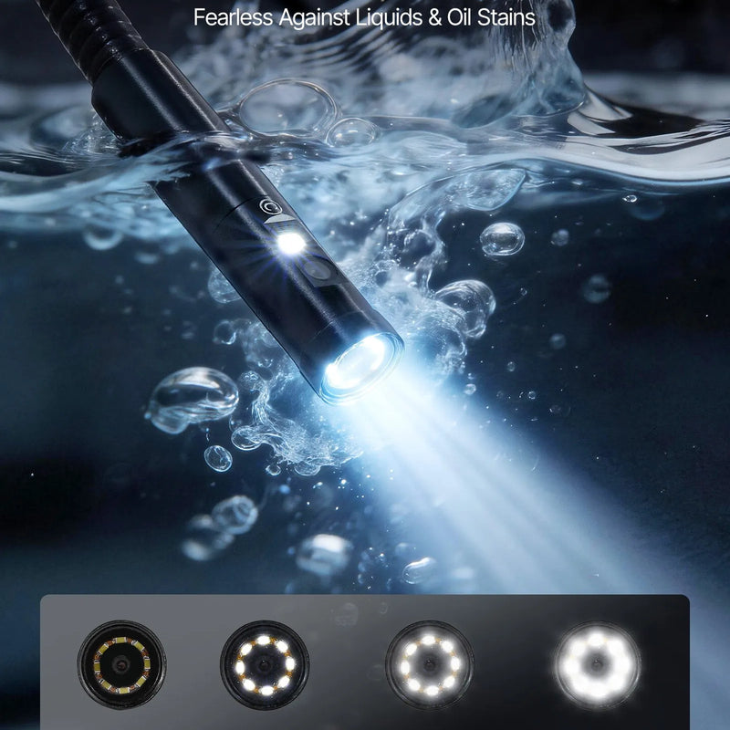 VEVOR trīskāršās kameras endoskops ar 17,8 cm HD IPS dalītā ekrāna displeju, 8× tālummaiņu, 5000 mAh akumulatoru, IP67 ūdensizturību un 5 m + 3 m kabeļiem auto diagnostikai, cauruļvadiem un tehniskām pārbaudēm