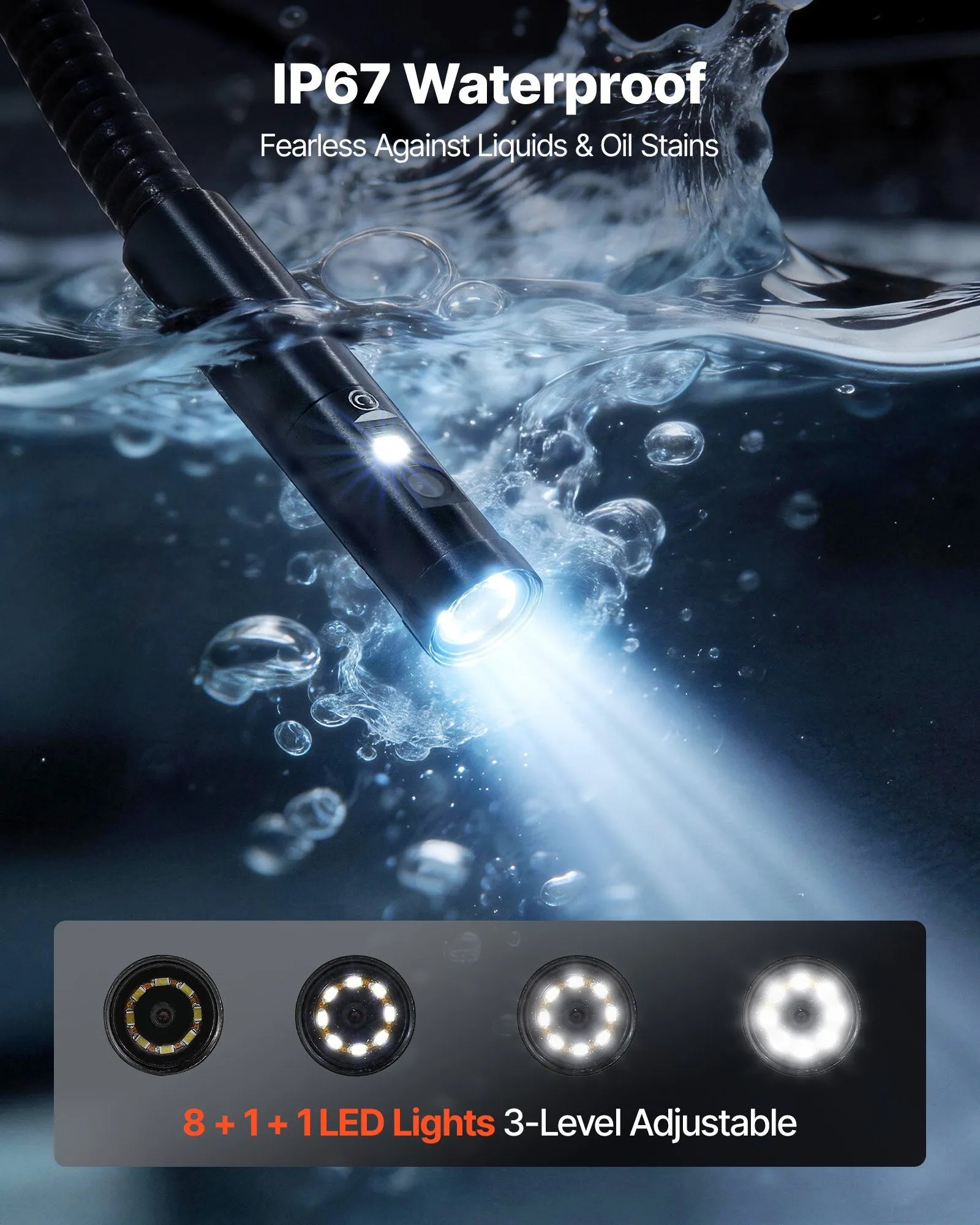 VEVOR trīskāršās kameras endoskops ar 17,8 cm HD IPS dalītā ekrāna displeju, 8× tālummaiņu, 5000 mAh akumulatoru, IP67 ūdensizturību un 5 m + 3 m kabeļiem auto diagnostikai, cauruļvadiem un tehniskām pārbaudēm