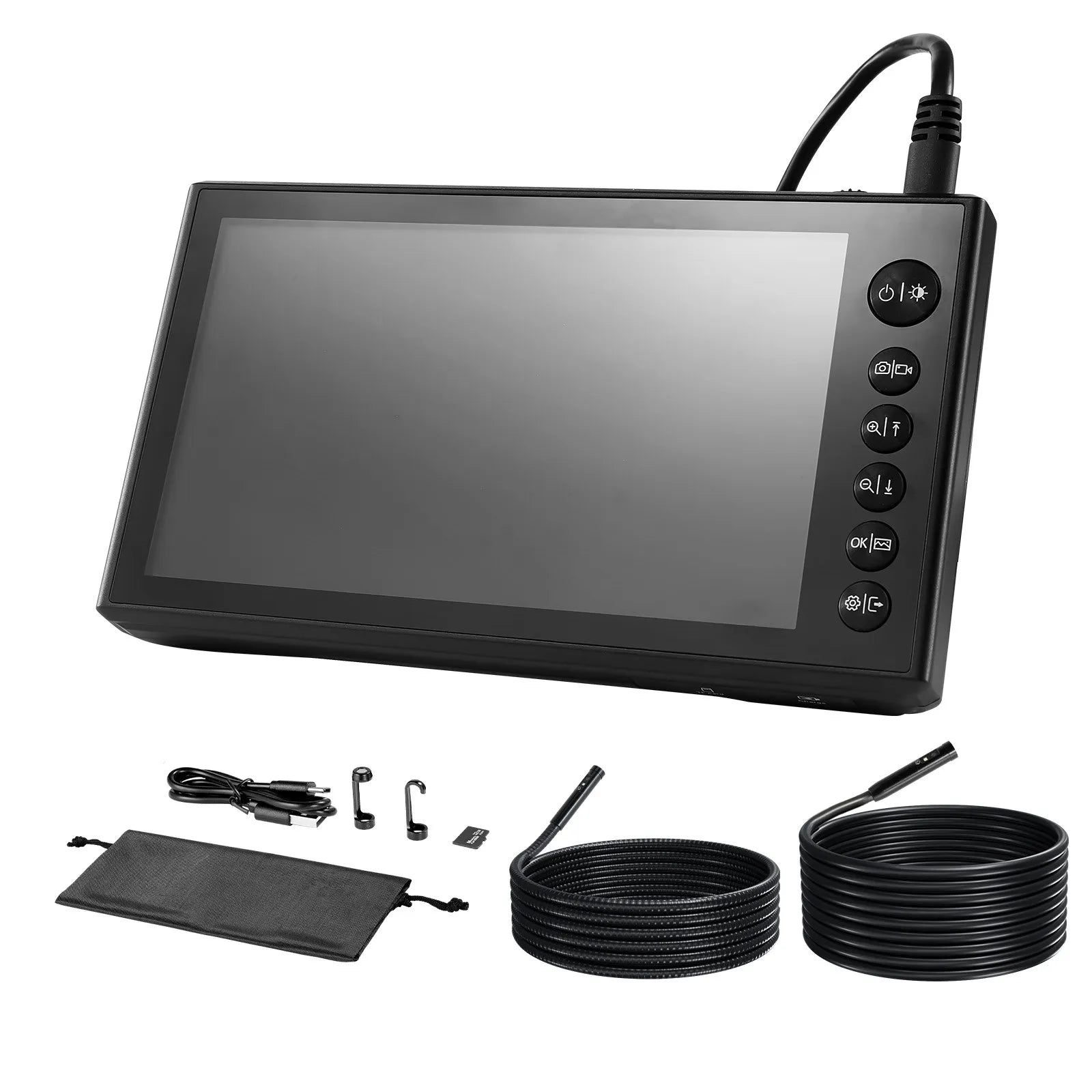 VEVOR trīskāršās kameras endoskops ar 17,8 cm HD IPS dalītā ekrāna displeju, 8× tālummaiņu, 5000 mAh akumulatoru, IP67 ūdensizturību un 5 m + 3 m kabeļiem auto diagnostikai, cauruļvadiem un tehniskām pārbaudēm