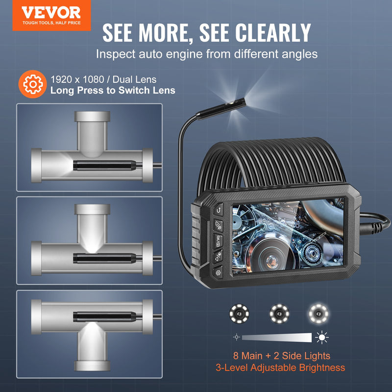 VEVOR endoskopiskā kamera ar apgaismojumu, trīskāršais objektīvs, boroskops, 15 m kabelis, 12,7 cm ekrāns