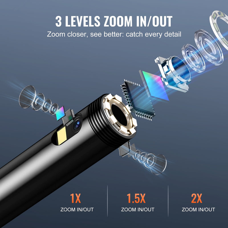 VEVOR endoskopiskā kamera ar apgaismojumu, trīskāršais objektīvs, boroskops, 15 m kabelis, 12,7 cm ekrāns