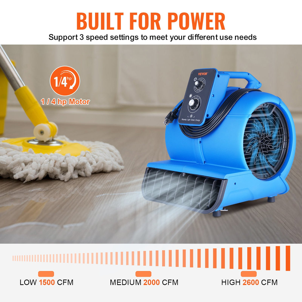 VEVOR Floor Dehumidifier and Fan, 1250 rpm, 4419 m³/h airflow, with 4 blowing angles and 3 speeds
