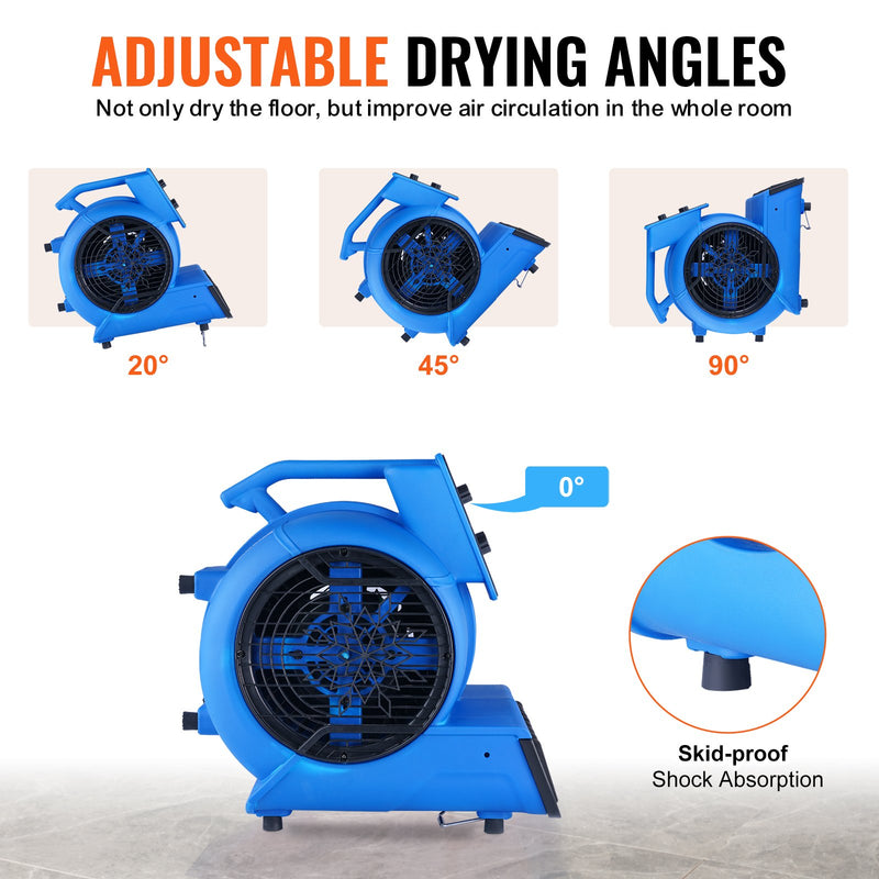 Ruudukujuline põrandapuhur VEVOR, 1250 rpm, 4419 m³/h õhuvool, 4 puhumisnurga ja 3 kiirusega.