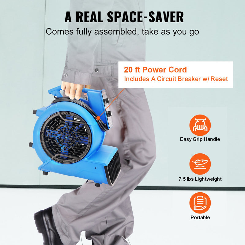 Ruudukujuline põrandapuhur VEVOR, 1250 rpm, 4419 m³/h õhuvool, 4 puhumisnurga ja 3 kiirusega.