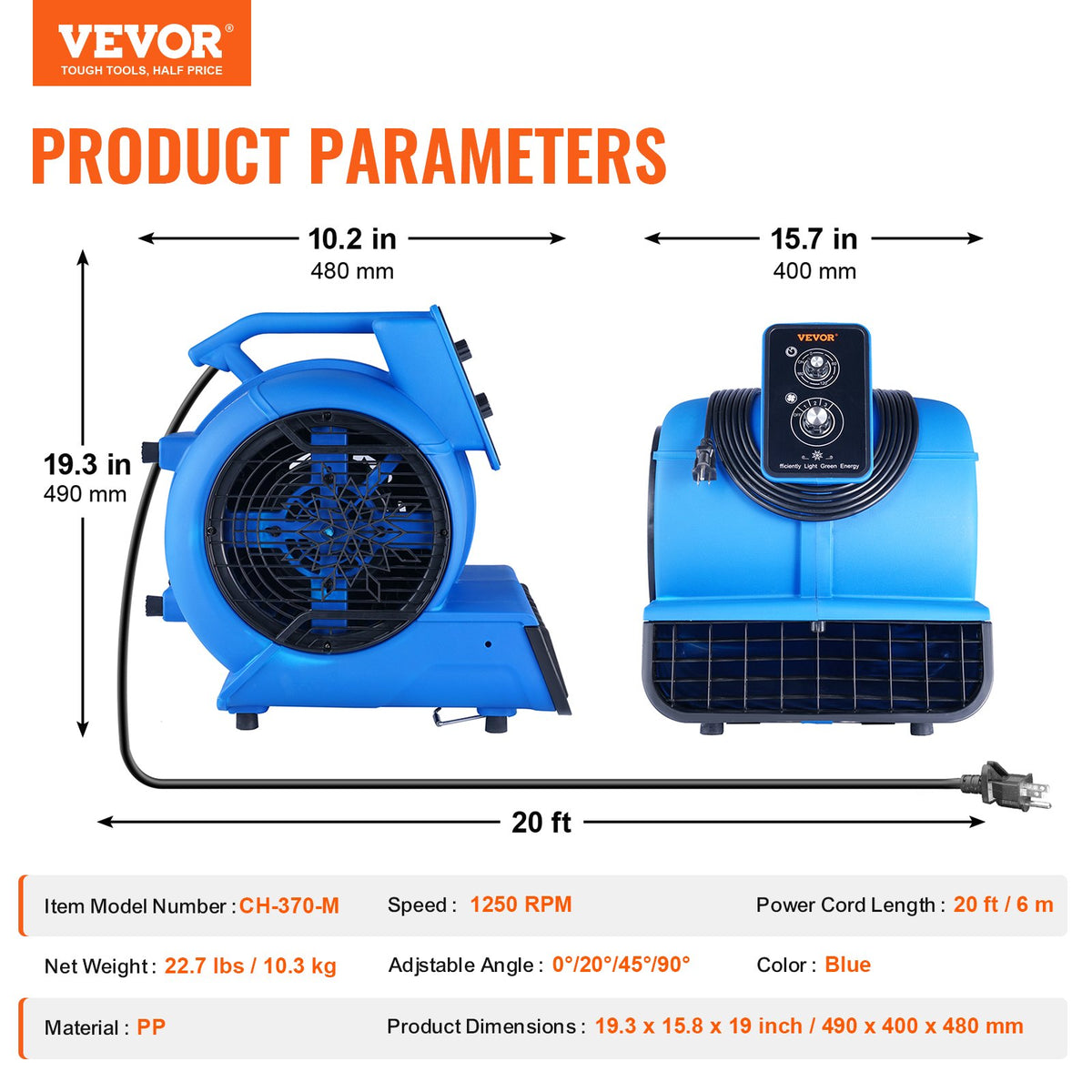 VEVOR Floor Dehumidifier and Fan, 1250 rpm, 4419 m³/h airflow, with 4 blowing angles and 3 speeds