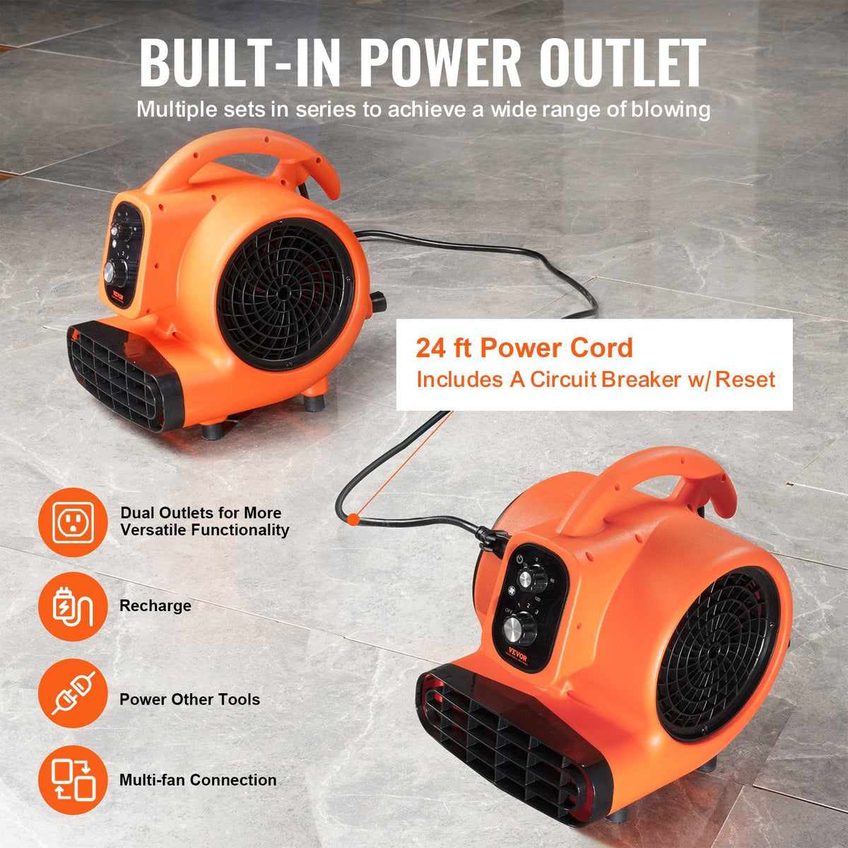VEVOR grīdas ventilators, 1380 apgr./min, 1700 m³/h gaisa plūsma, ar 4 pūšanas leņķiem un 3 ātrumiem