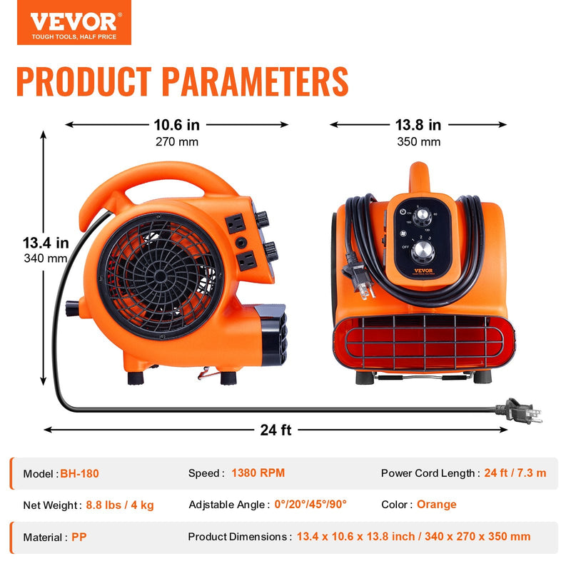 VEVOR grīdas ventilators, 1380 apgr./min, 1700 m³/h gaisa plūsma, ar 4 pūšanas leņķiem un 3 ātrumiem