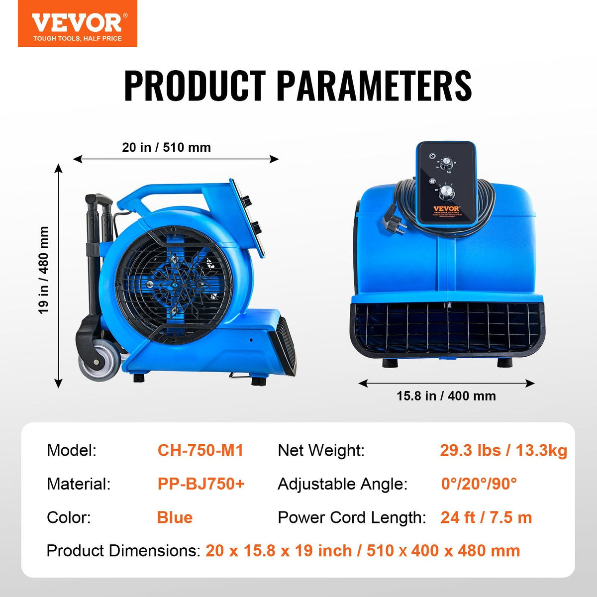 VEVOR grīdas ventilators, 1400 apgr./min, 6800 m³/h gaisa plūsma, ar 3 pūšanas leņķiem un 3 ātrumiem