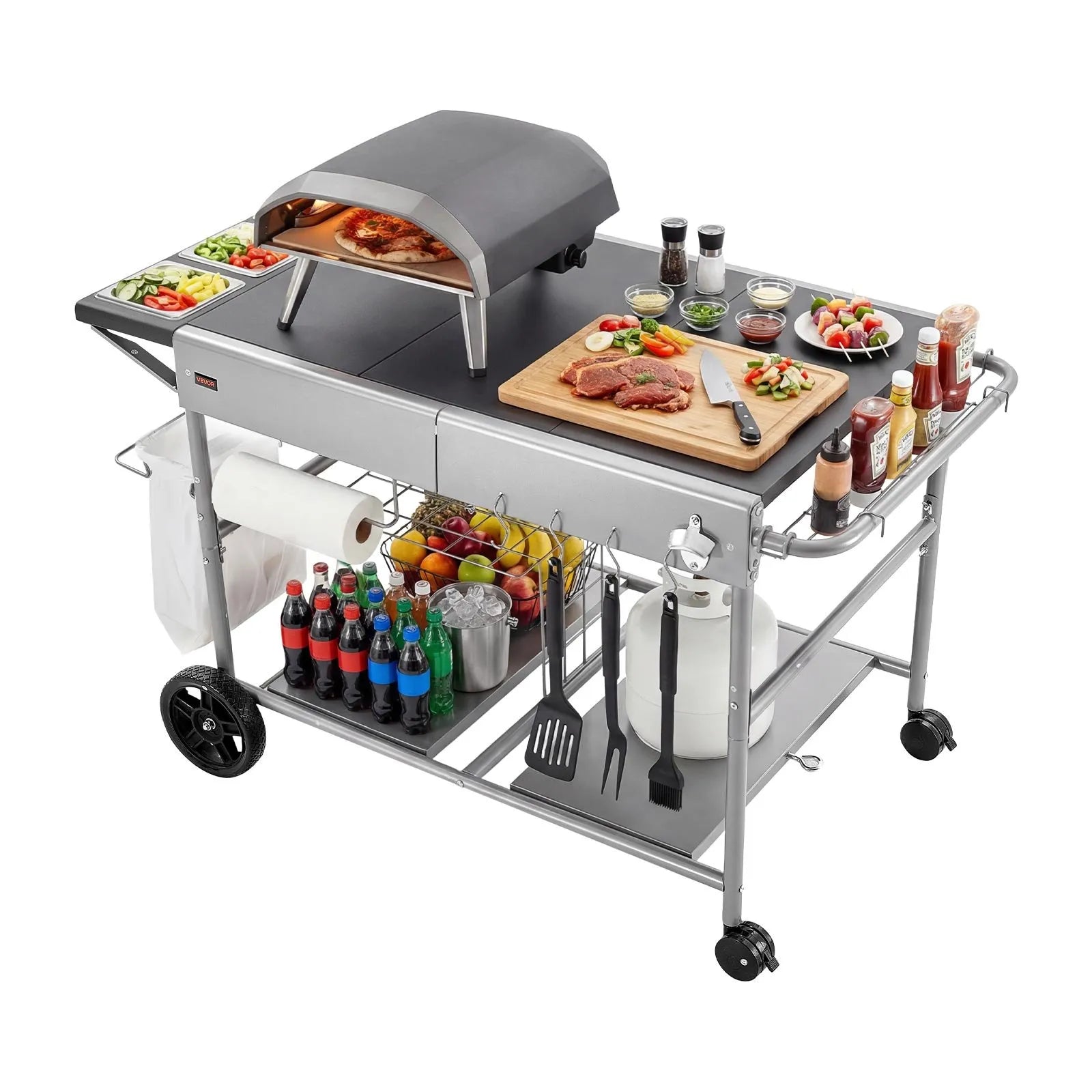 VEVOR āra grila galds uz riteņiem, 925 × 595 × 25 mm darba virsma, pārvietojams āra gatavošanas galds ar 4 garšvielu traukiem, vākiem, āķiem un riteņiem, BBQ sagatavošanai piknikam, virtuvei un pagalmam