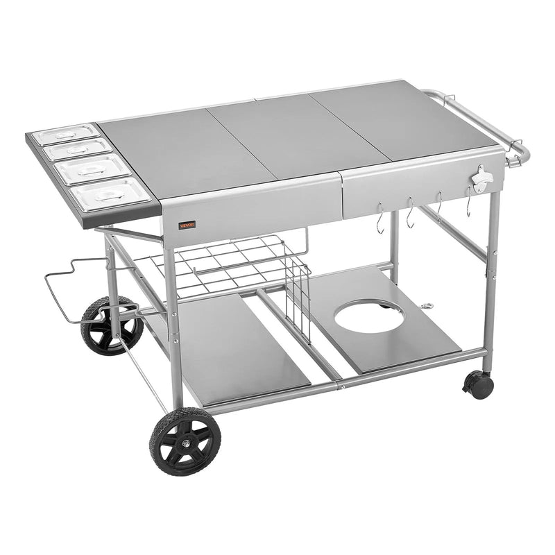 VEVOR āra grila galds uz riteņiem, 925 × 595 × 25 mm darba virsma, pārvietojams āra gatavošanas galds ar 4 garšvielu traukiem, vākiem, āķiem un riteņiem, BBQ sagatavošanai piknikam, virtuvei un pagalmam
