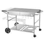 VEVOR āra grila galds uz riteņiem, 925 × 595 × 25 mm darba virsma, pārvietojams āra gatavošanas galds ar 4 garšvielu traukiem, vākiem, āķiem un riteņiem, BBQ sagatavošanai piknikam, virtuvei un pagalmam