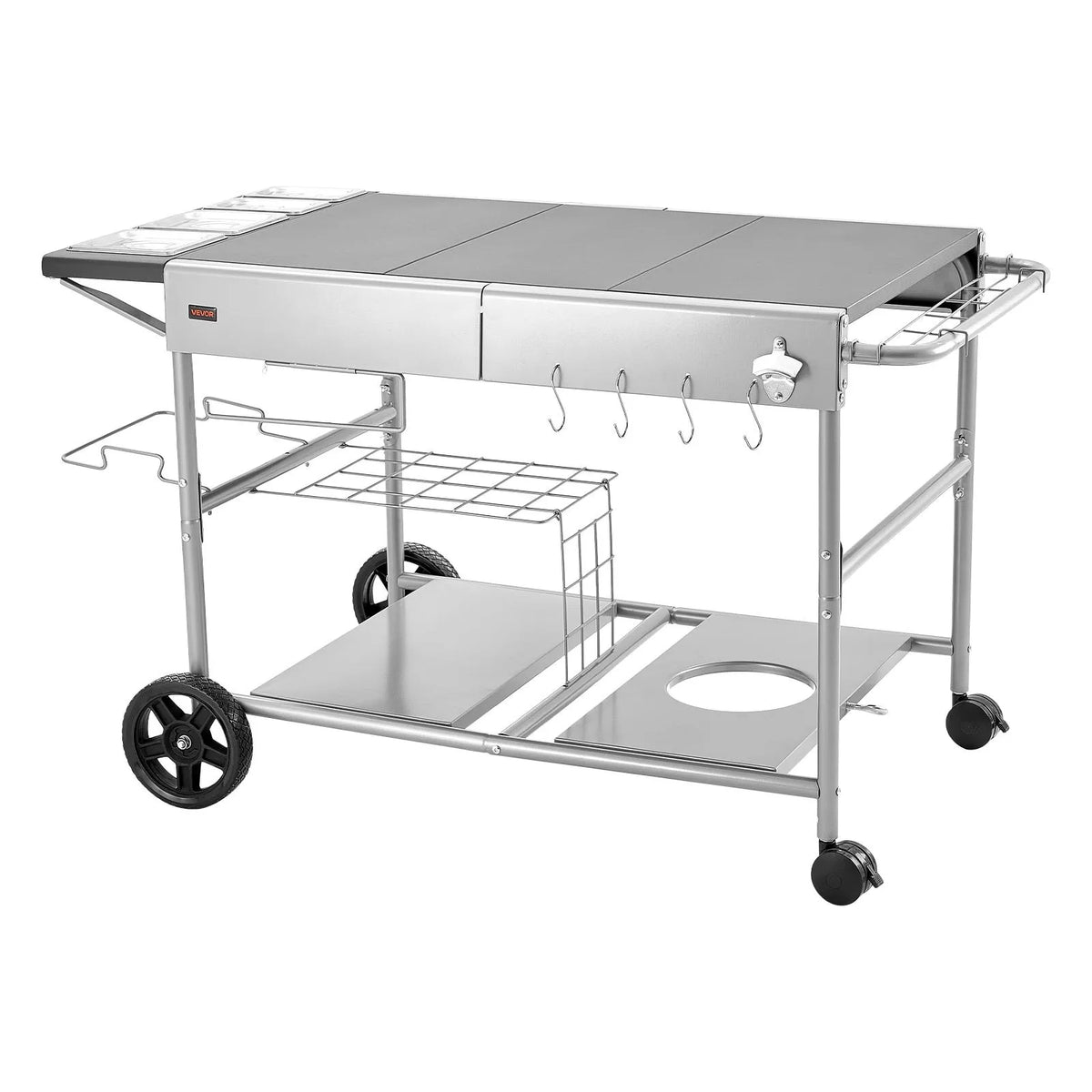VEVOR āra grila galds uz riteņiem, 925 × 595 × 25 mm darba virsma, pārvietojams āra gatavošanas galds ar 4 garšvielu traukiem, vākiem, āķiem un riteņiem, BBQ sagatavošanai piknikam, virtuvei un pagalmam