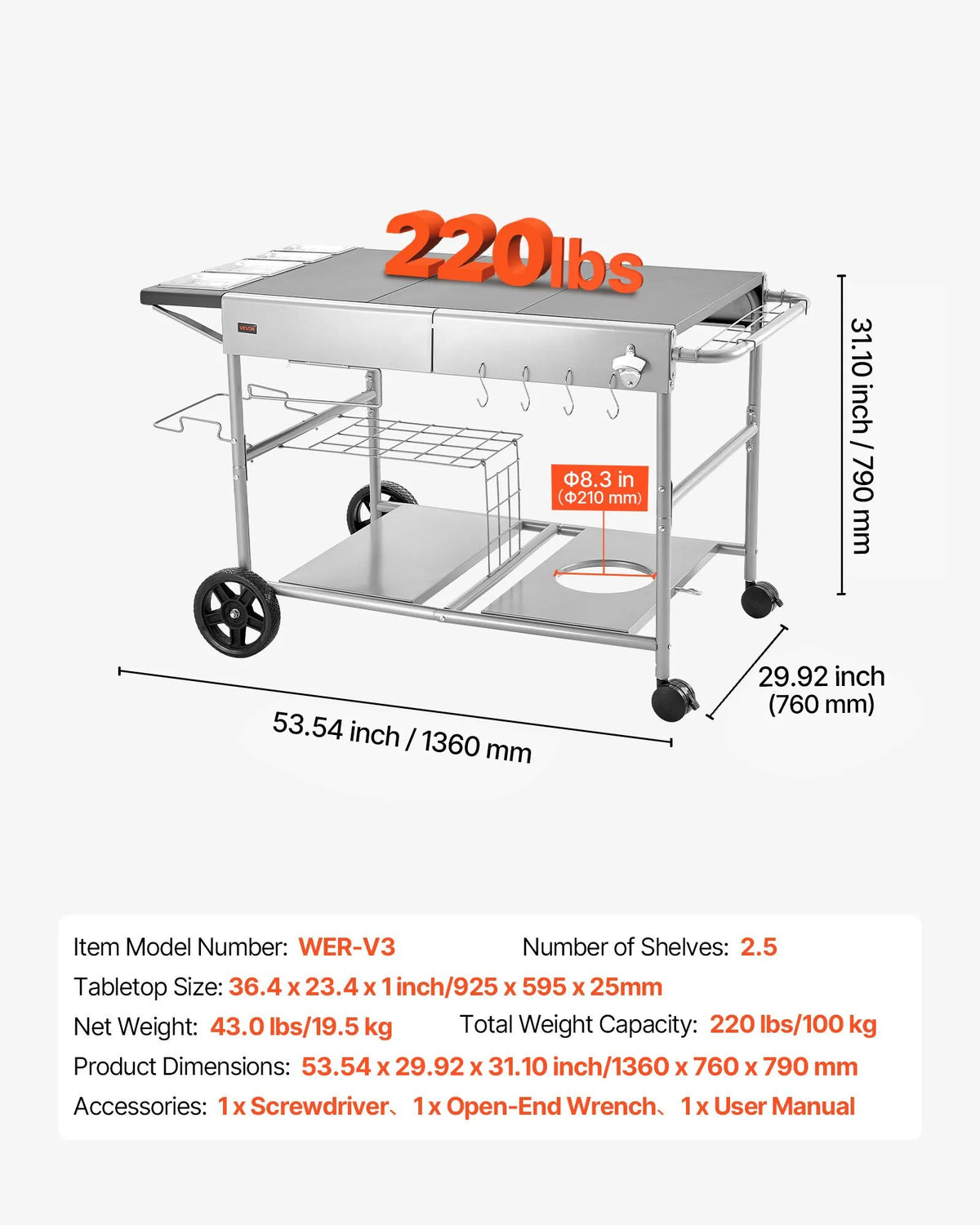 VEVOR āra grila galds uz riteņiem, 925 × 595 × 25 mm darba virsma, pārvietojams āra gatavošanas galds ar 4 garšvielu traukiem, vākiem, āķiem un riteņiem, BBQ sagatavošanai piknikam, virtuvei un pagalmam