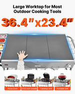 VEVOR āra grila galds uz riteņiem, 925 × 595 × 25 mm darba virsma, pārvietojams āra gatavošanas galds ar 4 garšvielu traukiem, vākiem, āķiem un riteņiem, BBQ sagatavošanai piknikam, virtuvei un pagalmam