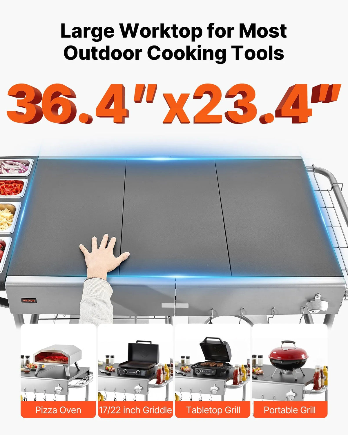 VEVOR āra grila galds uz riteņiem, 925 × 595 × 25 mm darba virsma, pārvietojams āra gatavošanas galds ar 4 garšvielu traukiem, vākiem, āķiem un riteņiem, BBQ sagatavošanai piknikam, virtuvei un pagalmam