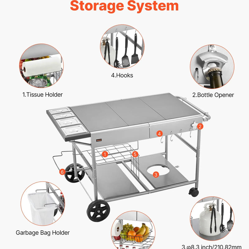 VEVOR āra grila galds uz riteņiem, 925 × 595 × 25 mm darba virsma, pārvietojams āra gatavošanas galds ar 4 garšvielu traukiem, vākiem, āķiem un riteņiem, BBQ sagatavošanai piknikam, virtuvei un pagalmam