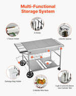 VEVOR āra grila galds uz riteņiem, 925 × 595 × 25 mm darba virsma, pārvietojams āra gatavošanas galds ar 4 garšvielu traukiem, vākiem, āķiem un riteņiem, BBQ sagatavošanai piknikam, virtuvei un pagalmam