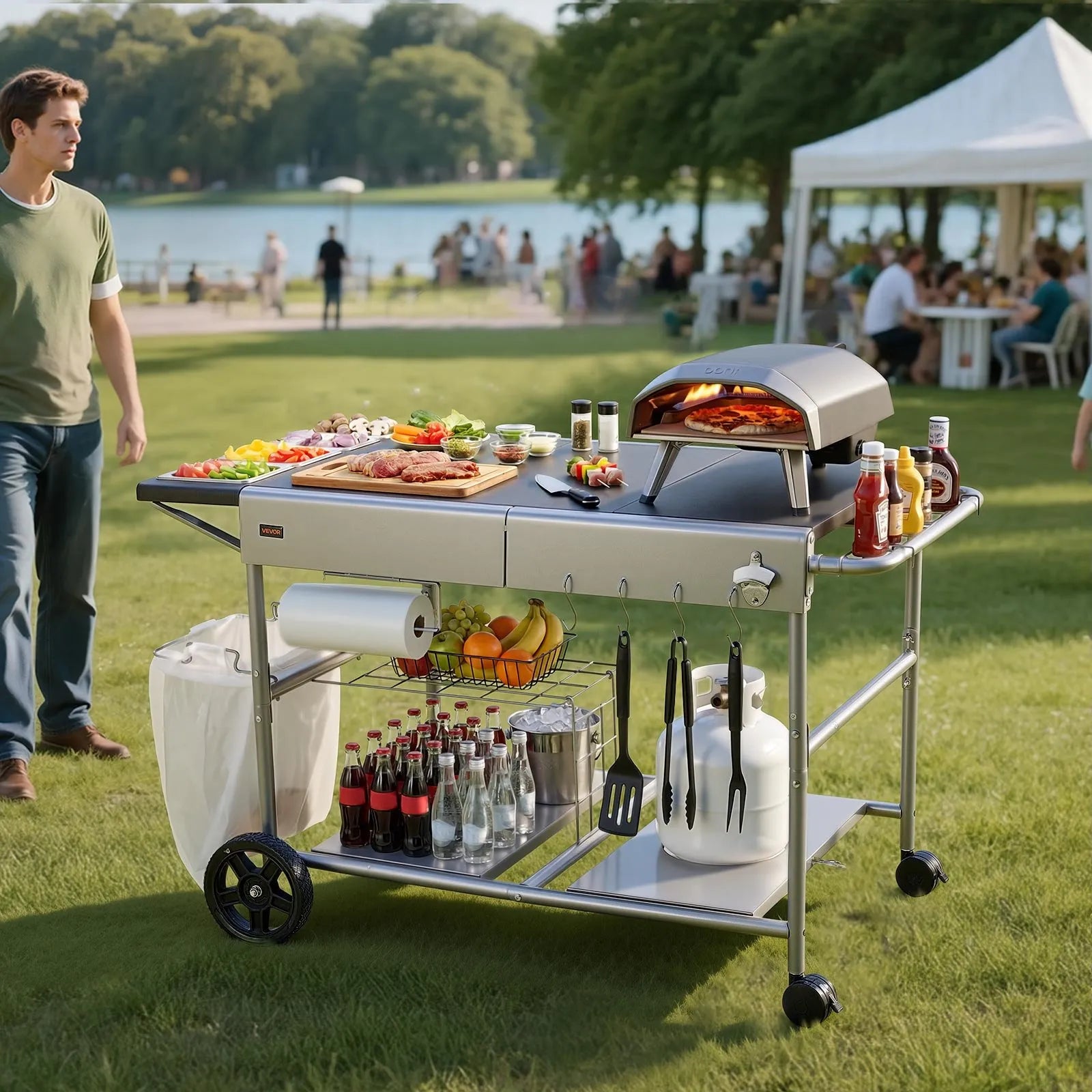 VEVOR āra grila galds uz riteņiem, 925 × 595 × 25 mm darba virsma, pārvietojams āra gatavošanas galds ar 4 garšvielu traukiem, vākiem, āķiem un riteņiem, BBQ sagatavošanai piknikam, virtuvei un pagalmam