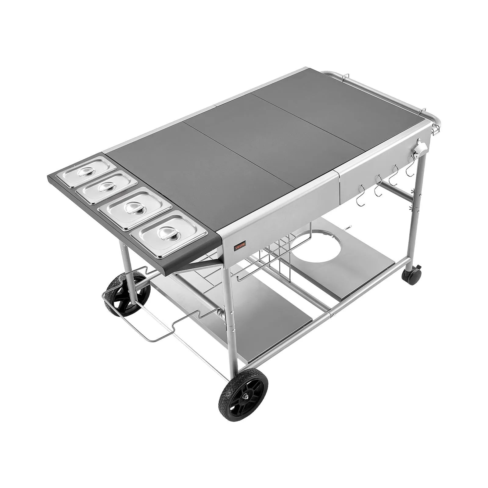 VEVOR āra grila galds uz riteņiem, 925 × 595 × 25 mm darba virsma, pārvietojams āra gatavošanas galds ar 4 garšvielu traukiem, vākiem, āķiem un riteņiem, BBQ sagatavošanai piknikam, virtuvei un pagalmam