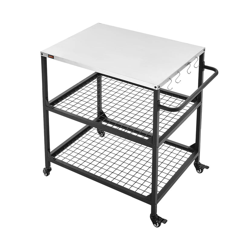 VEVOR āra grila galds uz riteņiem, 800 × 610 mm nerūsējošā tērauda darba virsma, āra gatavošanas galds ar 4 riteņiem un sānu rokturi, divi sieta plaukti, BBQ sagatavošanai terasei un dārzam