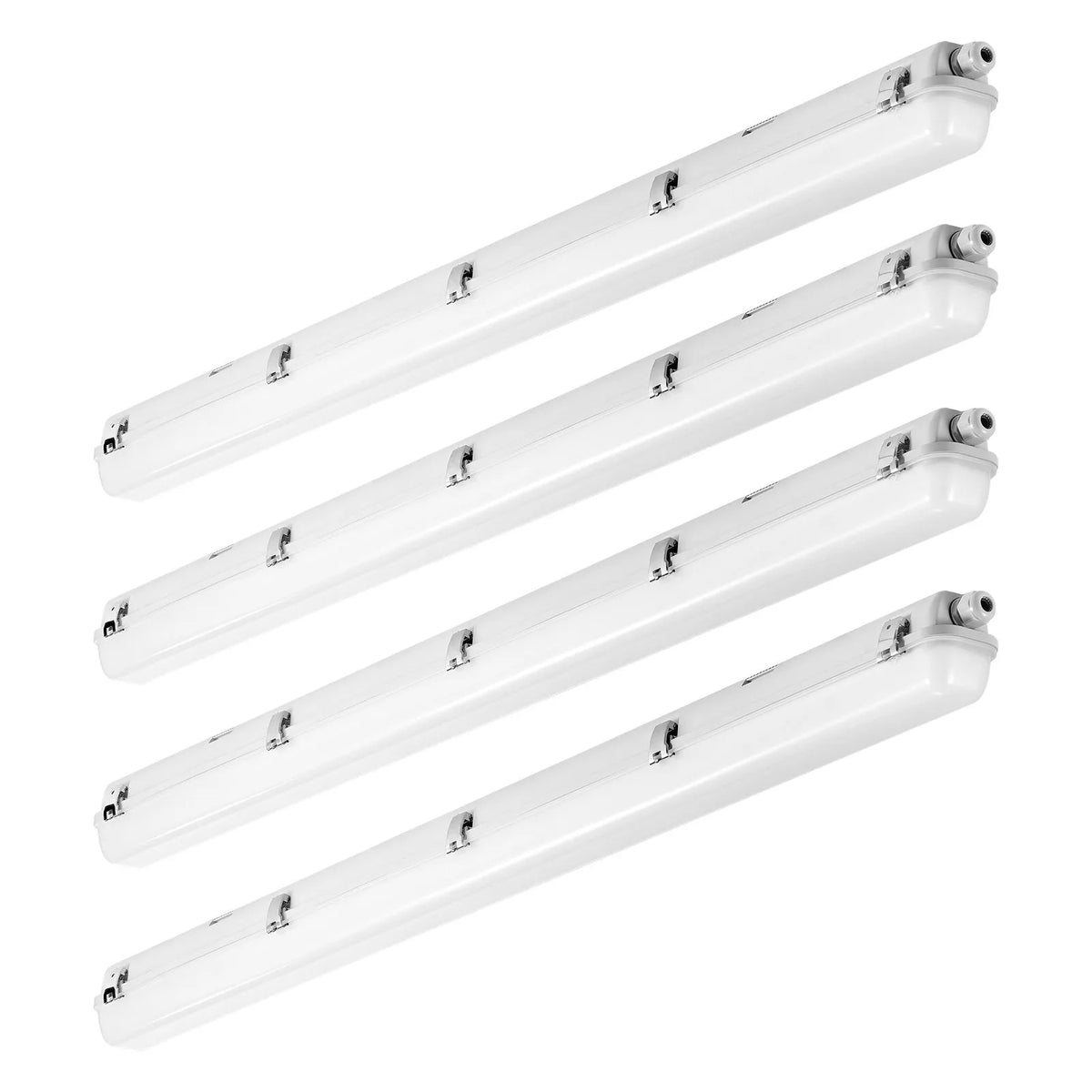 1270 mm  LED mitrumdrošais gaismeklis, jauda izvēlei 60 W / 50 W / 40 W, 5000 K, gaismas plūsma regulējama 5400 / 6400 / 7400 lm, IP65 ūdensizturīgs, piemērots stāvvietām, noliktavām, saldētavām, automazgātavām, komplektā 4 gab.