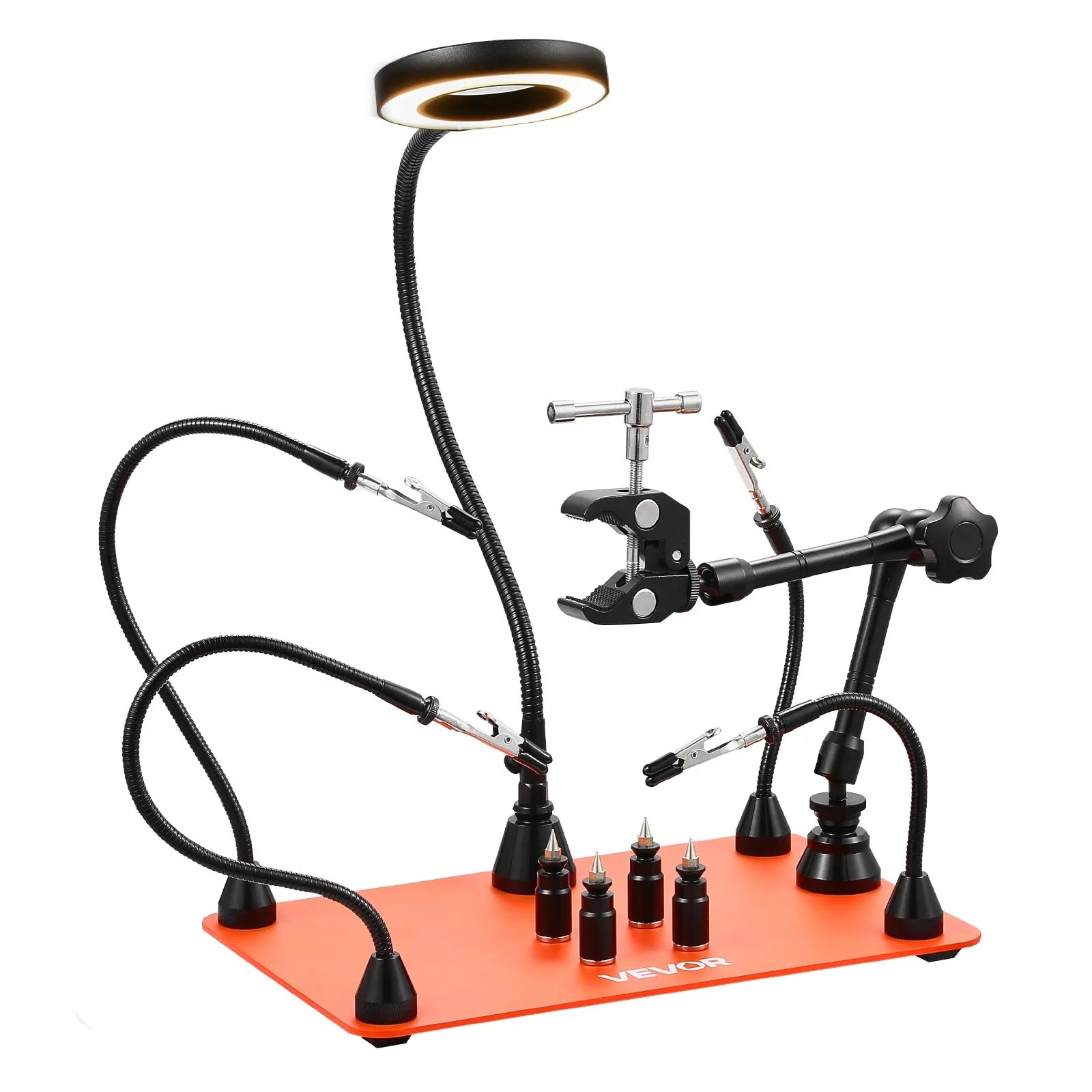 Magnētiskā lodēšanas stacija ar trešo roku, 3× LED palielināmo lampu, 4 PCB turētājiem un 360° karstā gaisa pistoles turētāju, smagas bāzes modelis elektroniķu darbiem
