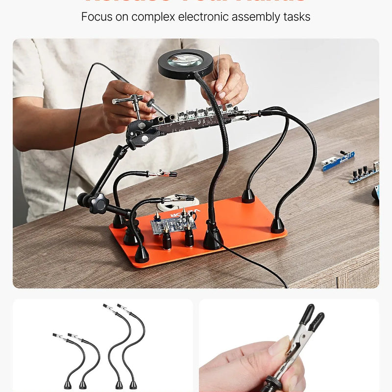 Магнитная паяльная станция с третьей рукой, 3× светодиодной лампой, 4 держателями для печатных плат и 360° держателем для пистолета горячего воздуха, сверхмощная базовая модель для работы с электроникой