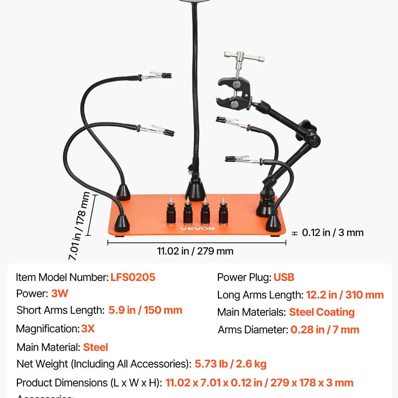 Магнитная паяльная станция с третьей рукой, 3× светодиодной лампой, 4 держателями для печатных плат и 360° держателем для пистолета горячего воздуха, сверхмощная базовая модель для работы с электроникой