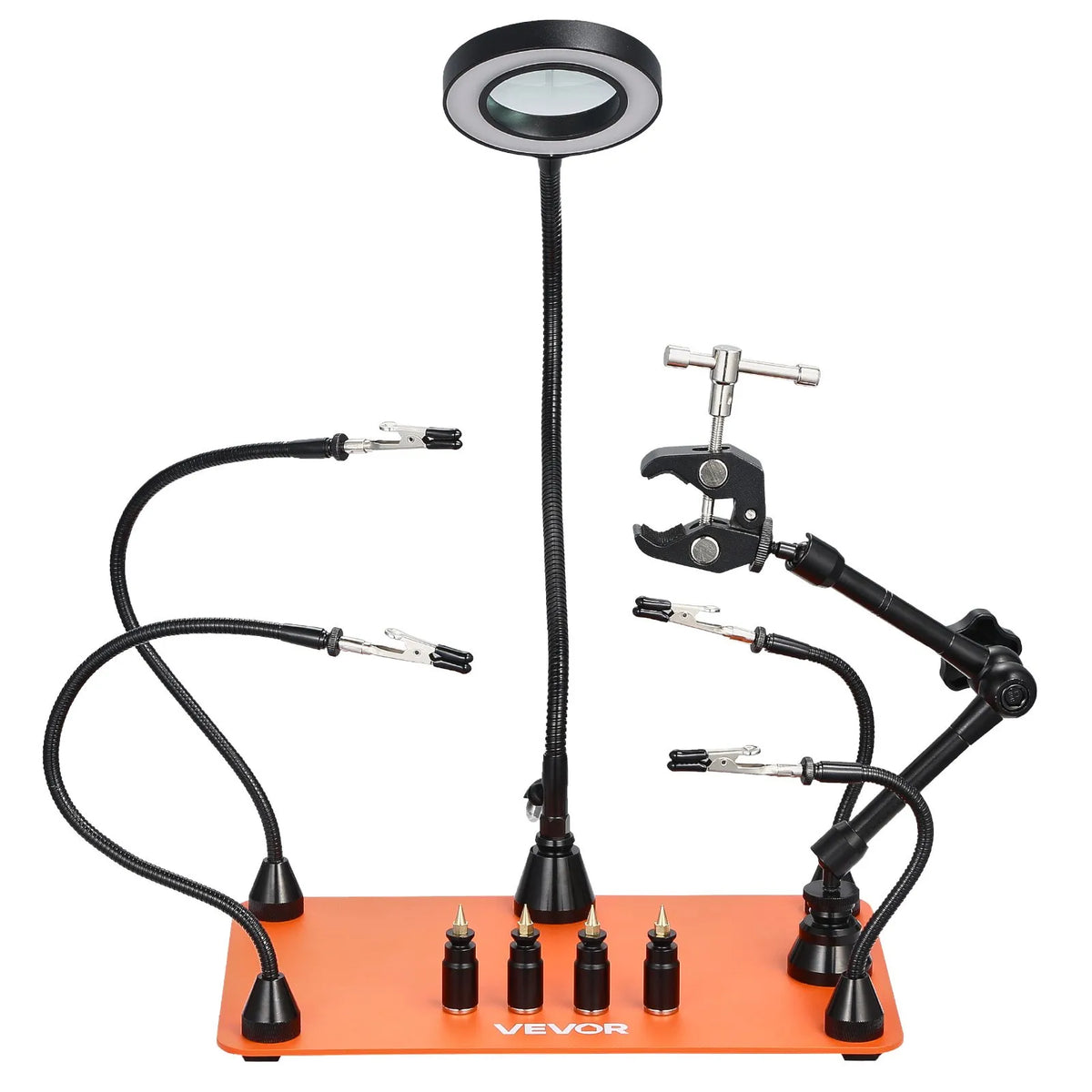 Magnētiskā lodēšanas stacija ar trešo roku, 3× LED palielināmo lampu, 4 PCB turētājiem un 360° karstā gaisa pistoles turētāju, smagas bāzes modelis elektroniķu darbiem
