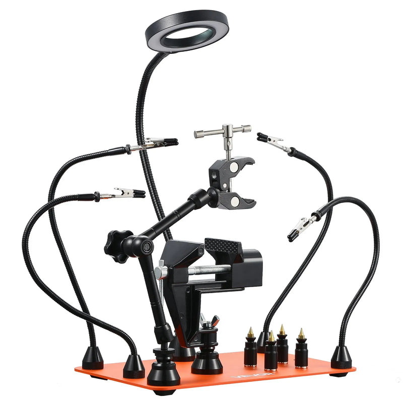 Magnetiline jootmisjaam kolmanda käega, 4 reguleeritavat hooba, klamber, 3x LED suurendaja, 4 PCB hoidikut ja 360° kuumaõhupüstoli hoidik, jootmisassistent elektroonikaremondiks, käsitööks ja DIY-projektideks