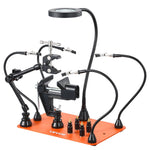 Magnētiskā lodēšanas palīgstacija ar trešo roku, 4 regulējamām svirām, skavu, 3x LED palielināmo lampu, 4 PCB turētājiem un 360° karstā gaisa pistoles turētāju, lodēšanas palīgs elektronikas remontam, rokdarbiem un DIY projektiem