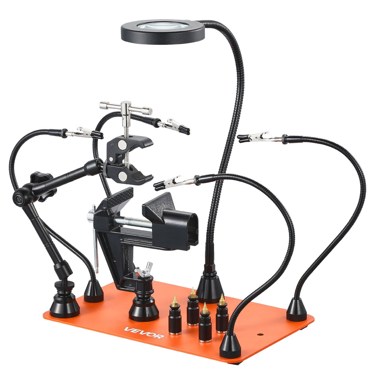 Magnētiskā lodēšanas palīgstacija ar trešo roku, 4 regulējamām svirām, skavu, 3x LED palielināmo lampu, 4 PCB turētājiem un 360° karstā gaisa pistoles turētāju, lodēšanas palīgs elektronikas remontam, rokdarbiem un DIY projektiem