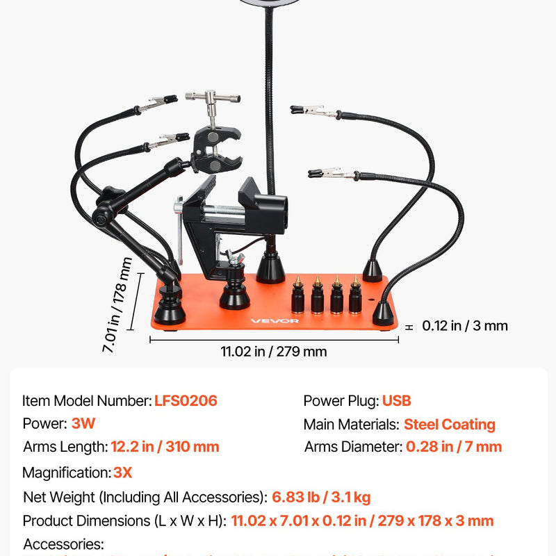 Magnetiline jootmisjaam kolmanda käega, 4 reguleeritavat hooba, klamber, 3x LED suurendaja, 4 PCB hoidikut ja 360° kuumaõhupüstoli hoidik, jootmisassistent elektroonikaremondiks, käsitööks ja DIY-projektideks