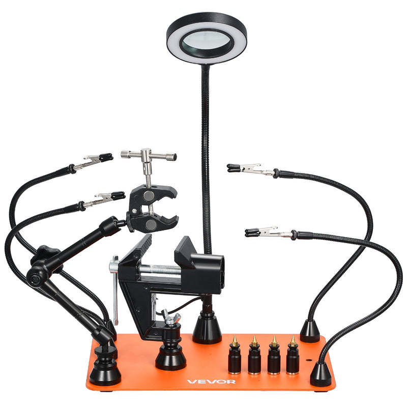 Magnetiline jootmisjaam kolmanda käega, 4 reguleeritavat hooba, klamber, 3x LED suurendaja, 4 PCB hoidikut ja 360° kuumaõhupüstoli hoidik, jootmisassistent elektroonikaremondiks, käsitööks ja DIY-projektideks