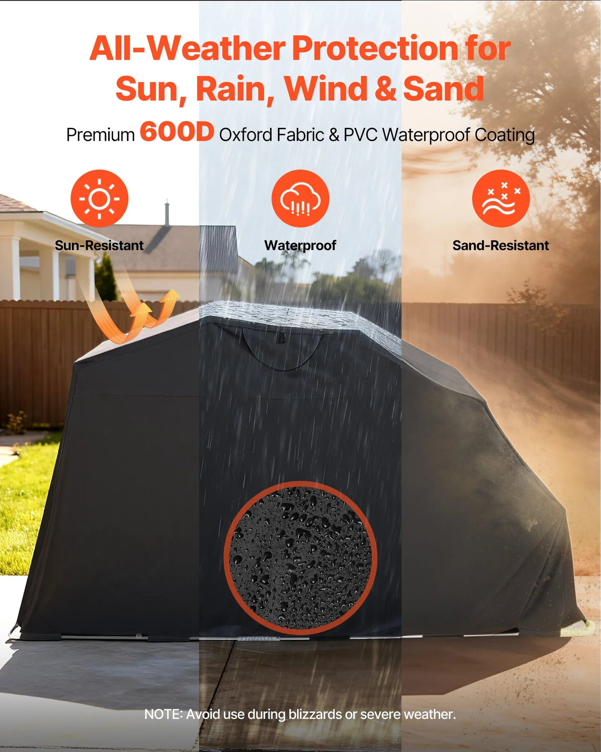 VEVOR motocikla uzglabāšanas nojume ar drošības slēdzeni, 600D Oksfordas auduma atverama tipa garāžas telts, pastiprināts vissezonu motocikla pārsegs ar ventilācijas logiem, 346 × 137,5 × 190 cm āra transportlīdzekļa nojume, melna