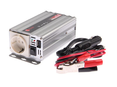300W 230VAC/12V C-PWR auto inverter, Output power 300 W, DC input fuse 35A, 1x230V AC-socket, 5V - 2A usb-output, cables w. cig. lighter plugUn clamps. Output power surge 1000W, no load current <0.5A, 840g, 175x91x63mm